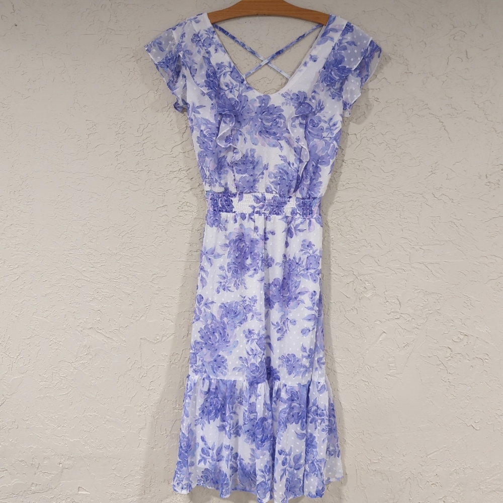 Place White & Purple Floral Mid Length Flowy Dress - Women's XS Easter Ruffle